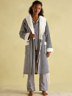 Matilda Navy & White Fleece Lined Striped Dressing Gown