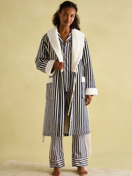 Matilda Navy & White Fleece Lined Striped Dressing Gown