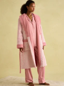 Matilda Pink & White Fleece Lined Striped Dressing Gown