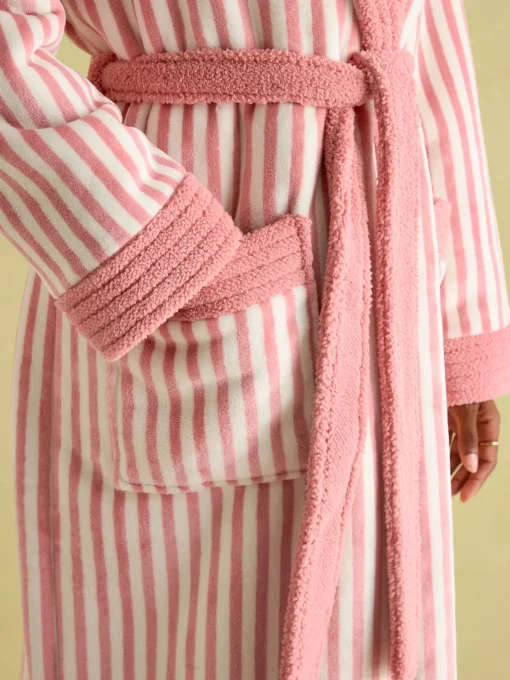 Matilda Pink & White Fleece Lined Striped Dressing Gown