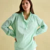 Melanie Green/White Cotton Ruffle Blouse