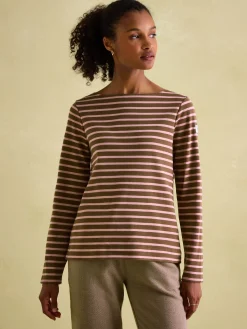 New Harbour Chocolate Brown pink Boat Neck Breton Top