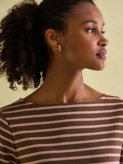 New Harbour Chocolate Brown pink Boat Neck Breton Top