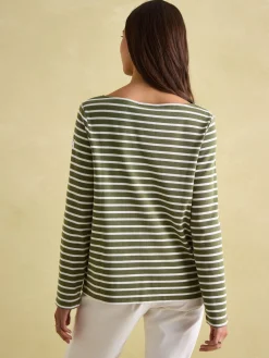 New Harbour Green stripe Boat Neck Breton Top