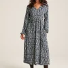 Nia Navy Blue Printed Long Sleeve Midaxi Dress With Pockets