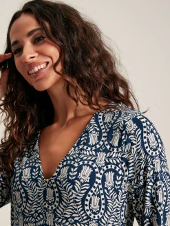 Nia Navy Blue Printed Long Sleeve Midaxi Dress With Pockets