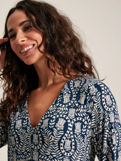 Nia Navy Blue Printed Long Sleeve Midaxi Dress With Pockets