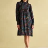Rosette Black Printed Dress with Pie Crust Neck