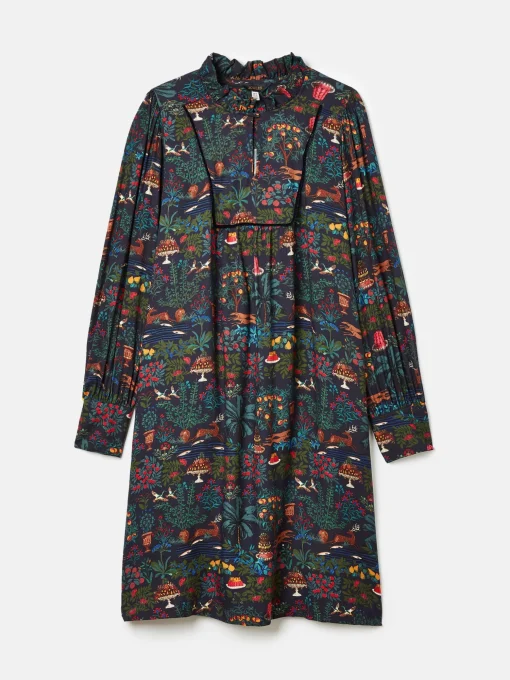 Rosette Black Printed Dress with Pie Crust Neck