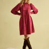 Rosette Red Floral Printed Dress with Pie Crust Neck