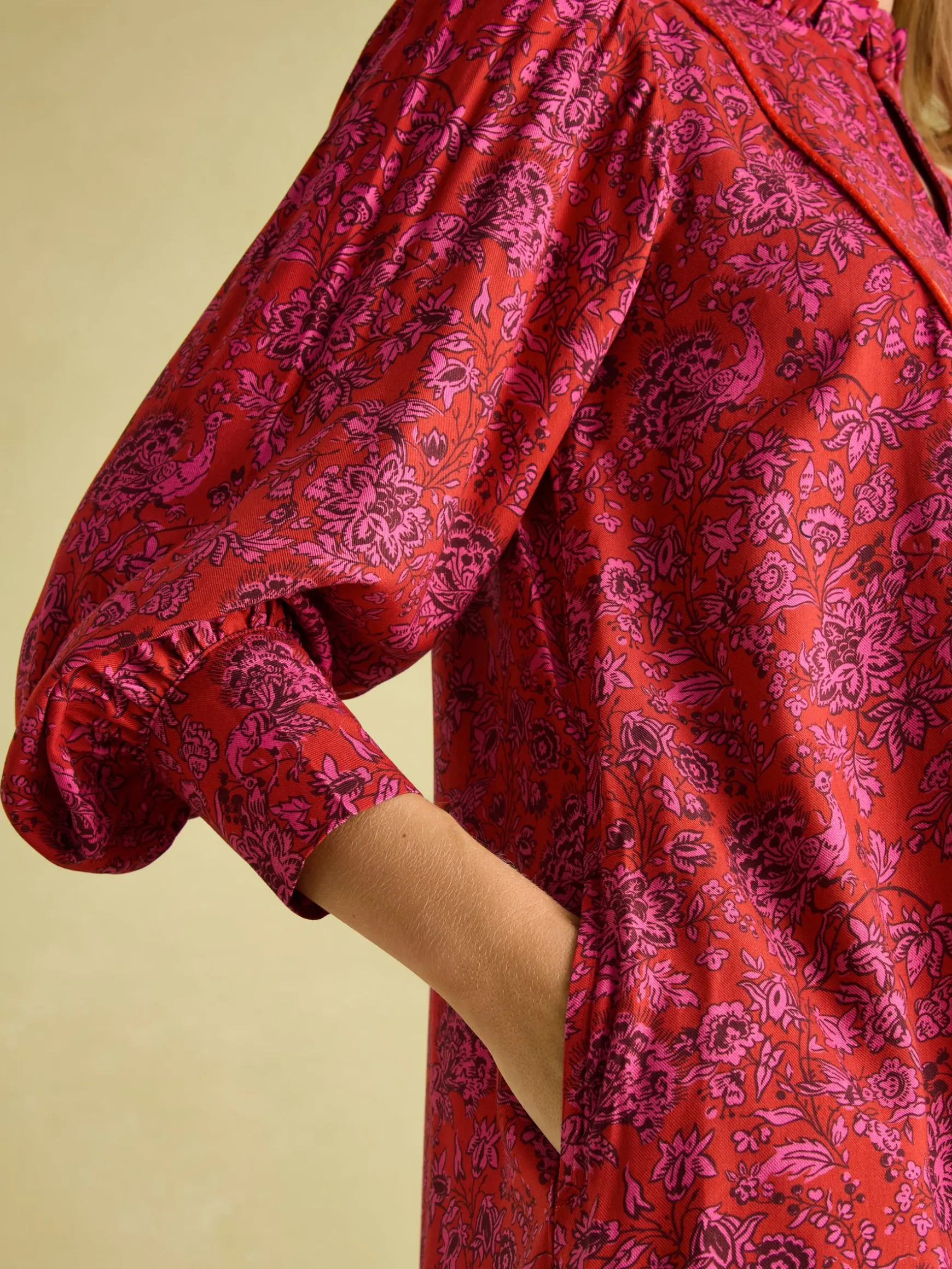 Rosette Red Floral Printed Dress with Pie Crust Neck