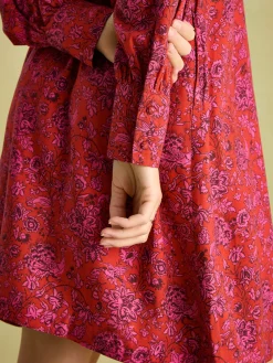 Rosette Red Floral Printed Dress with Pie Crust Neck