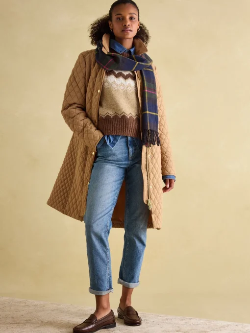 Rosewell Tan Brown Showerproof Longline Diamond Quilted Coat