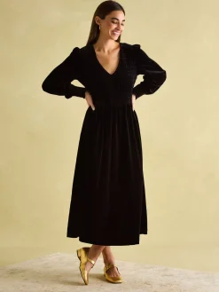 Vanessa Black Velvet Shirred Dress