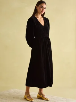 Vanessa Black Velvet Shirred Dress