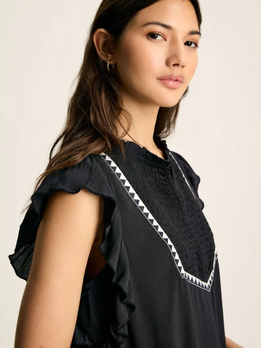 Verity Navy Frill Shoulder Sleeveless Blouse